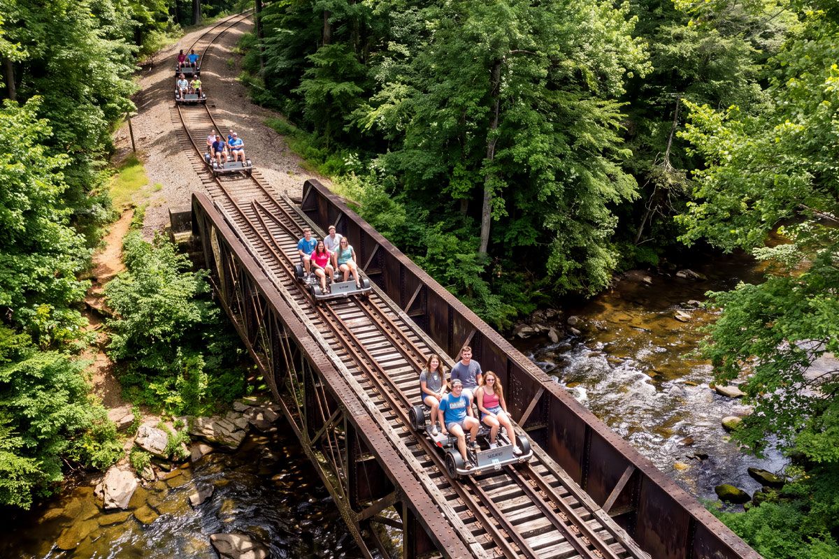 People on the Andrew Valley Railbikes