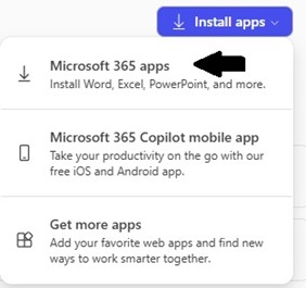 Click "Install apps" in the upper right corner. Click “Microsoft 365 apps.” Screenshot