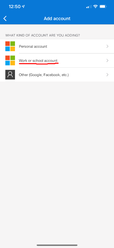 Select work or school account